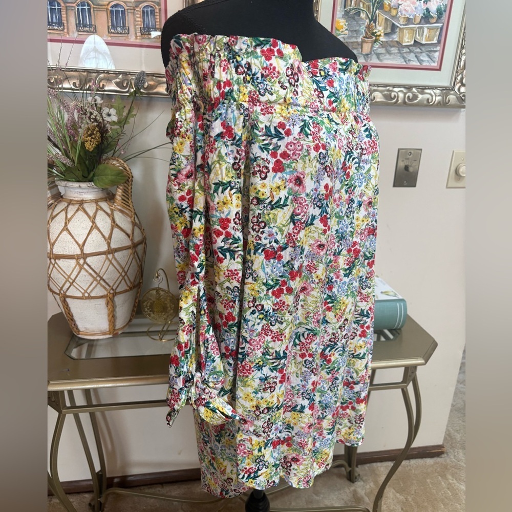 H&M MULTICOLOR FLORAL OFF THE SHOULDER CASUAL RELAXED STYLE TUNIC BLOUSE SIZE 14 - Picture 4 of 13